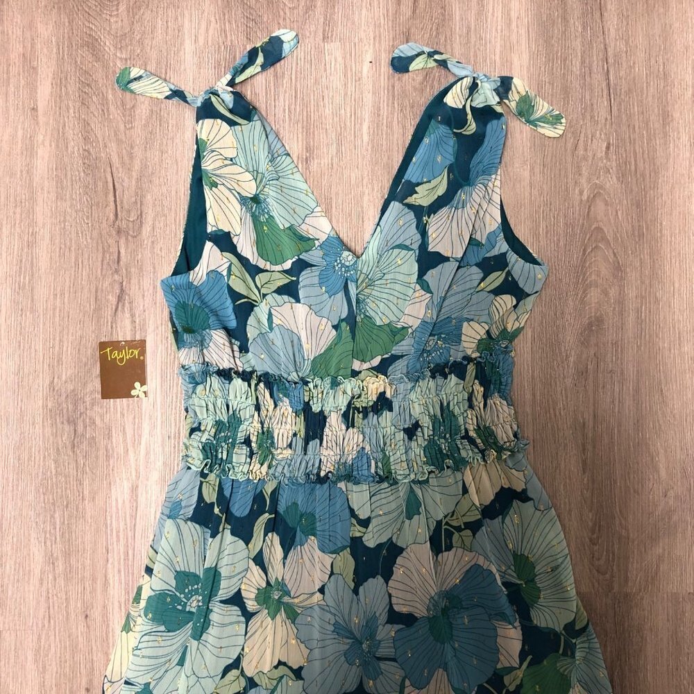 Nwt Taylor Midi Dress Women’s Size 6 Tiered Ruffle Blue Green Floral Metallic — image 6 of 8